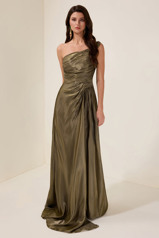 Solid Gathering Skew Collar Maxi Dress