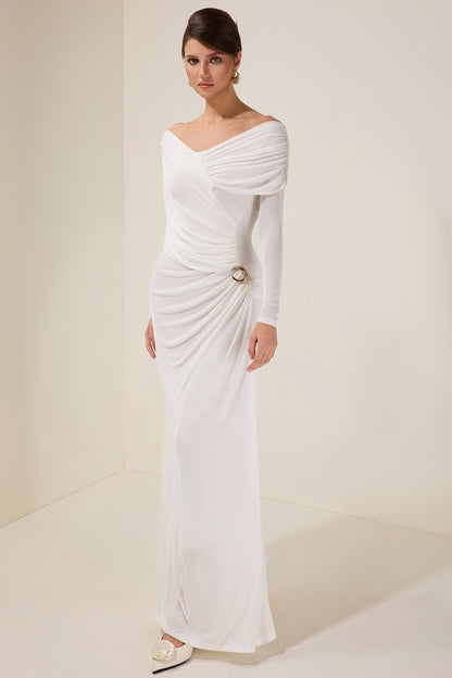 Solid Gathering Long Sleeve Maxi Dress