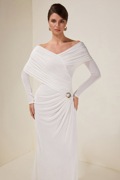 Solid Gathering Long Sleeve Maxi Dress