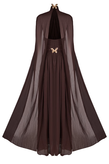 Chiffon High Neck Cape Sleeve Maxi Dress