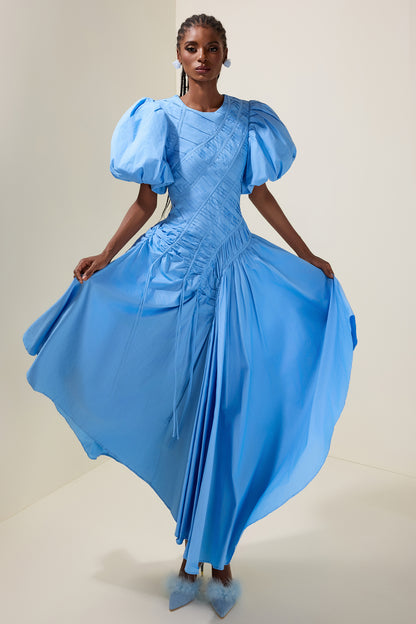 Shirring Round Neck Puff Sleeve Midi Dress