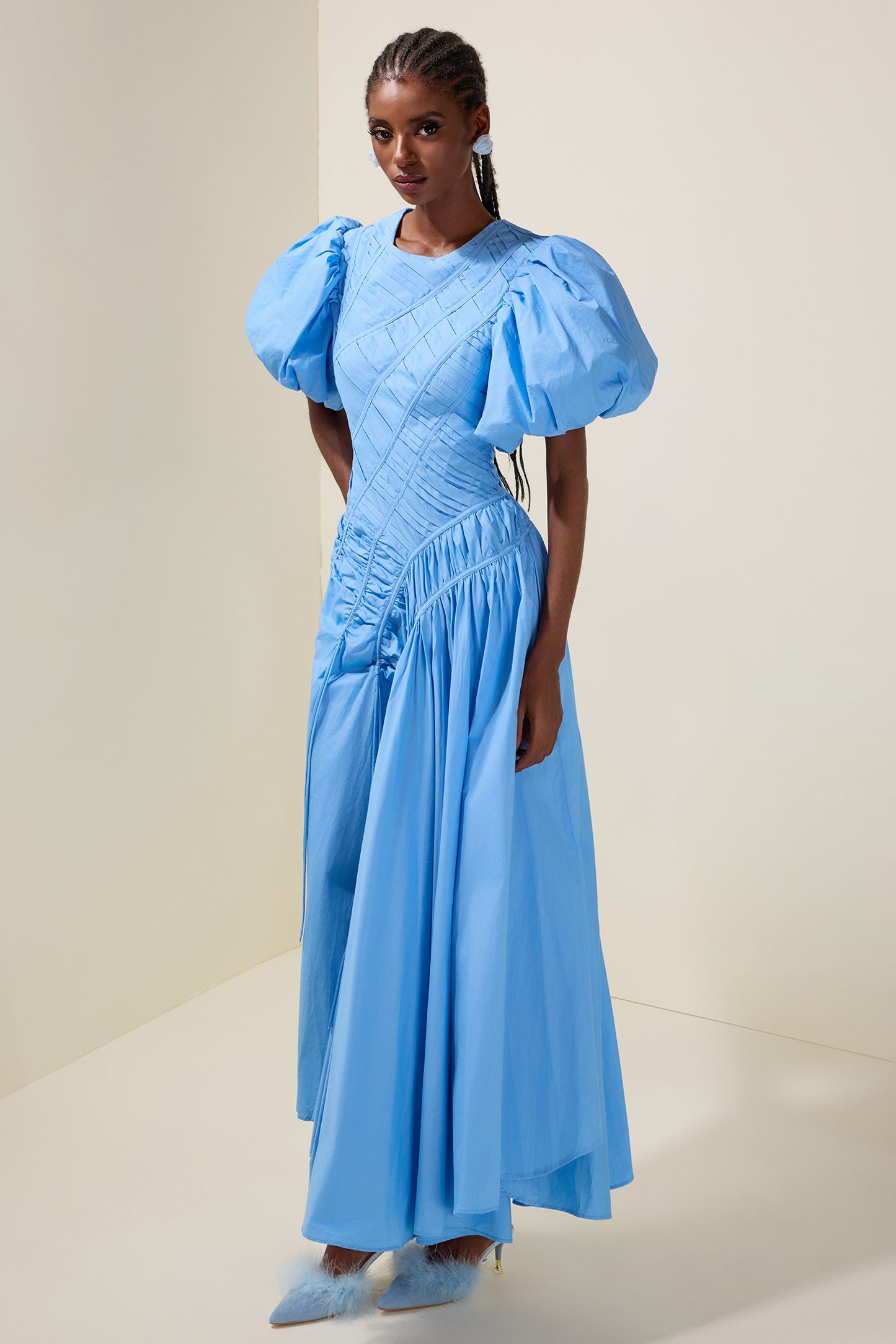 Shirring Round Neck Puff Sleeve Midi Dress