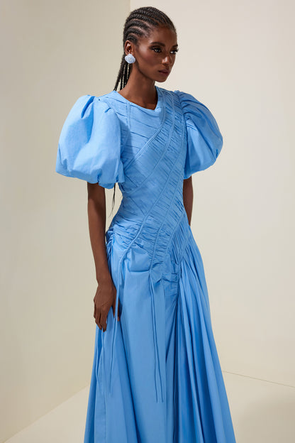 Shirring Round Neck Puff Sleeve Midi Dress