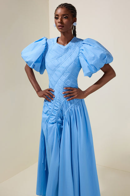 Shirring Round Neck Puff Sleeve Midi Dress