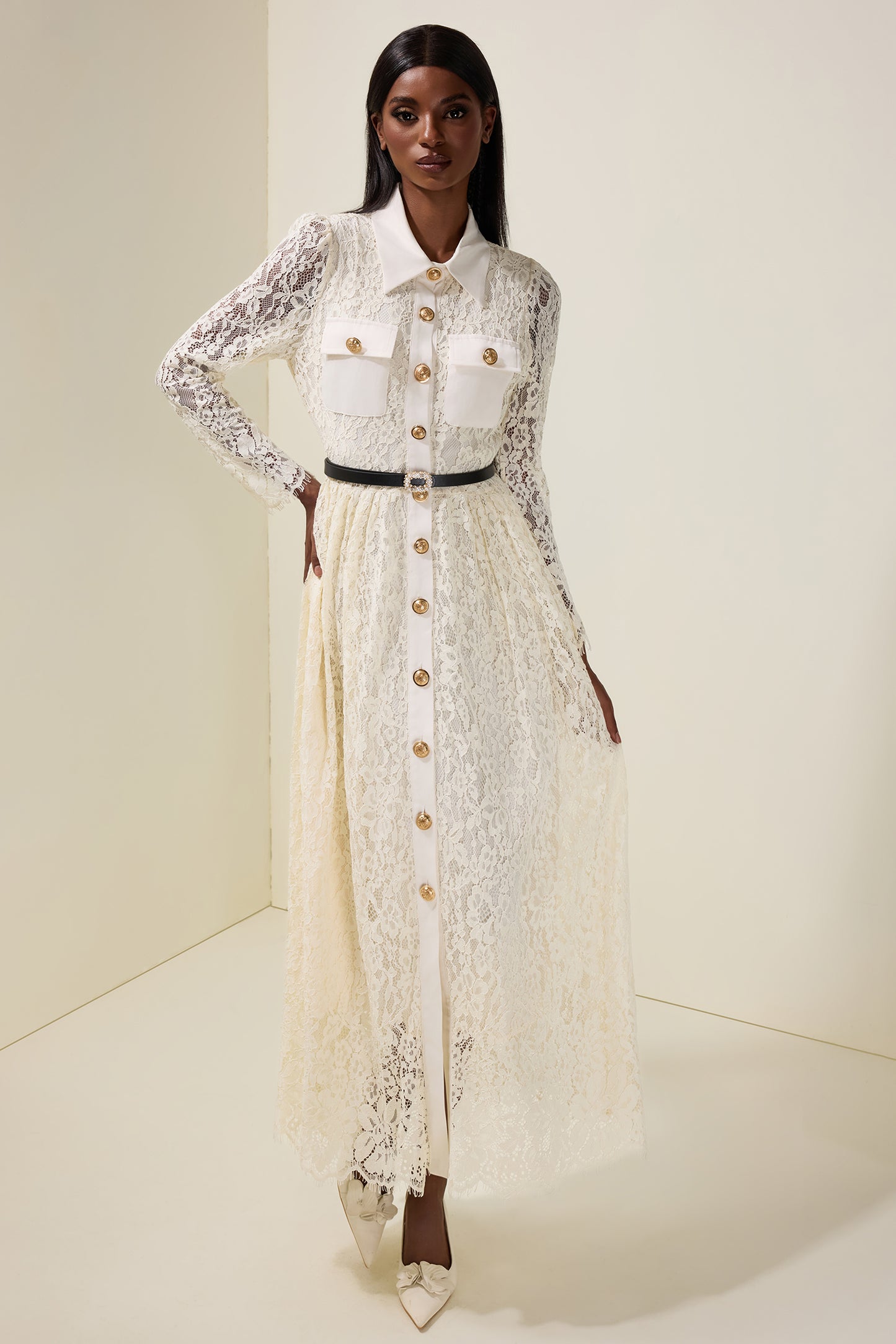 Lace Single Breasted Long Sleeve Midi Dress With Belt