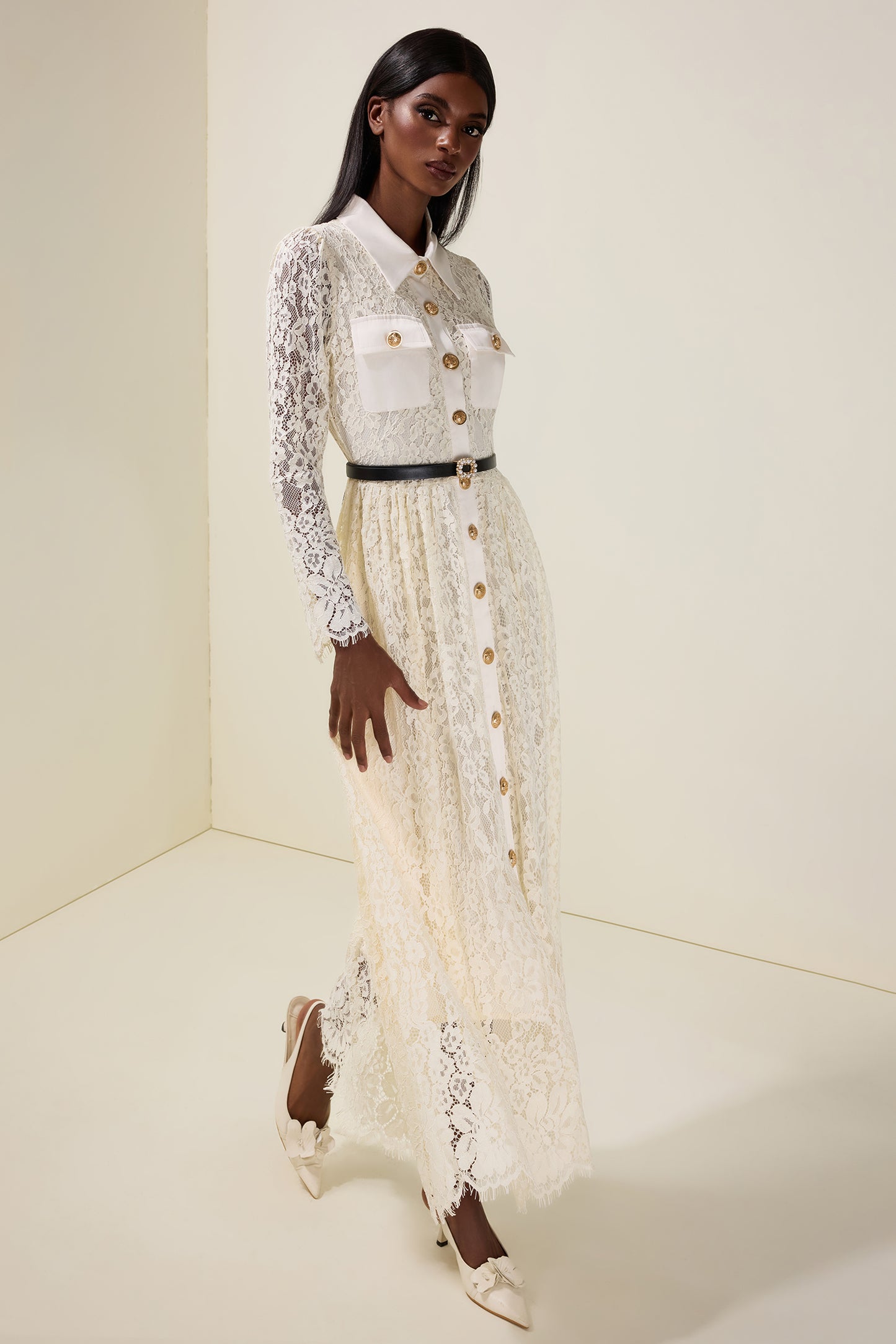 Lace Single Breasted Long Sleeve Midi Dress With Belt