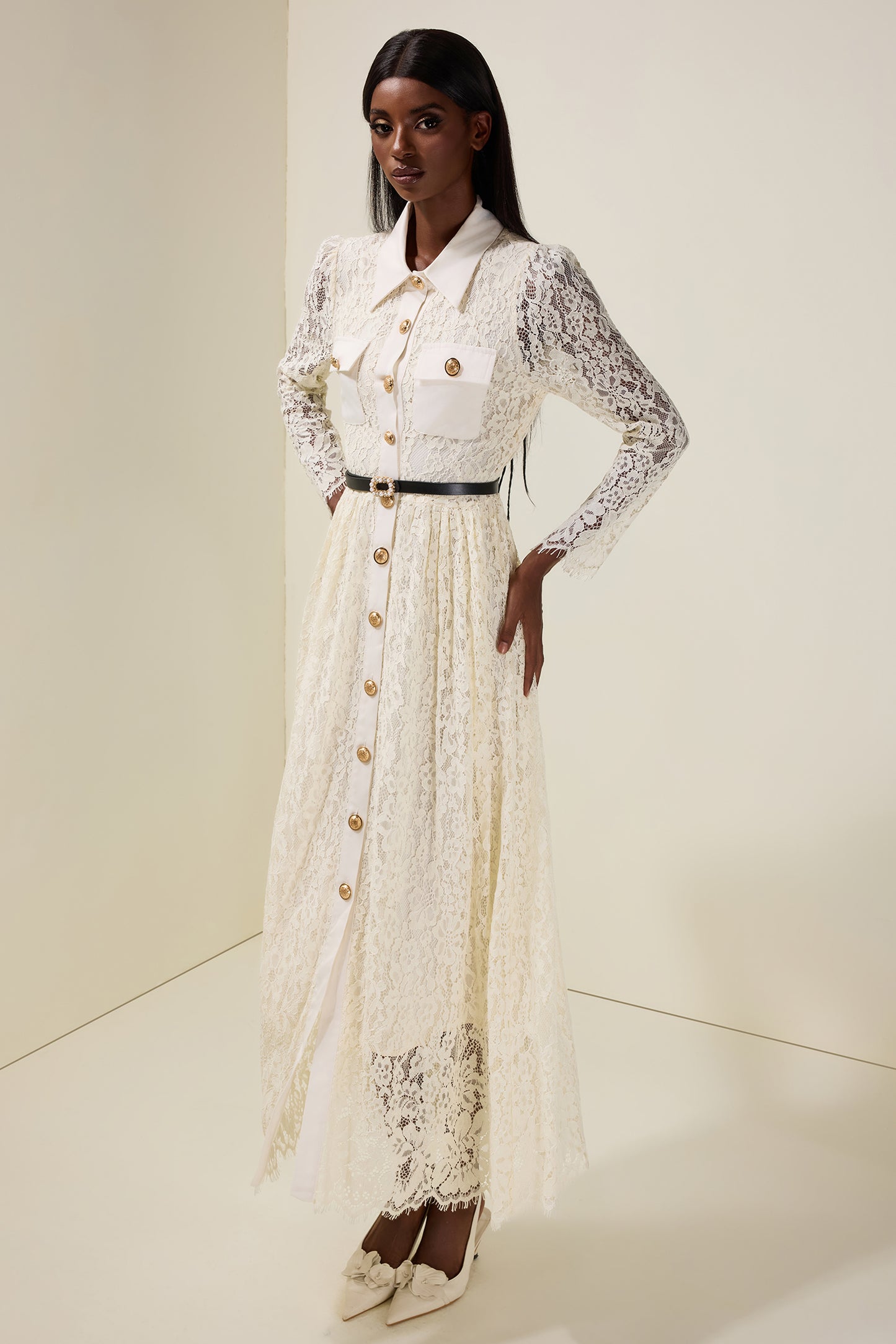 Lace Single Breasted Long Sleeve Midi Dress With Belt