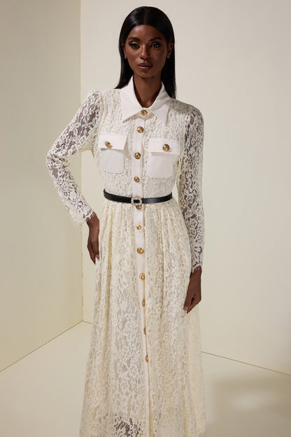 Lace Single Breasted Long Sleeve Midi Dress With Belt