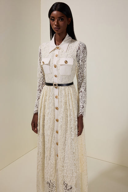 Lace Single Breasted Long Sleeve Midi Dress With Belt