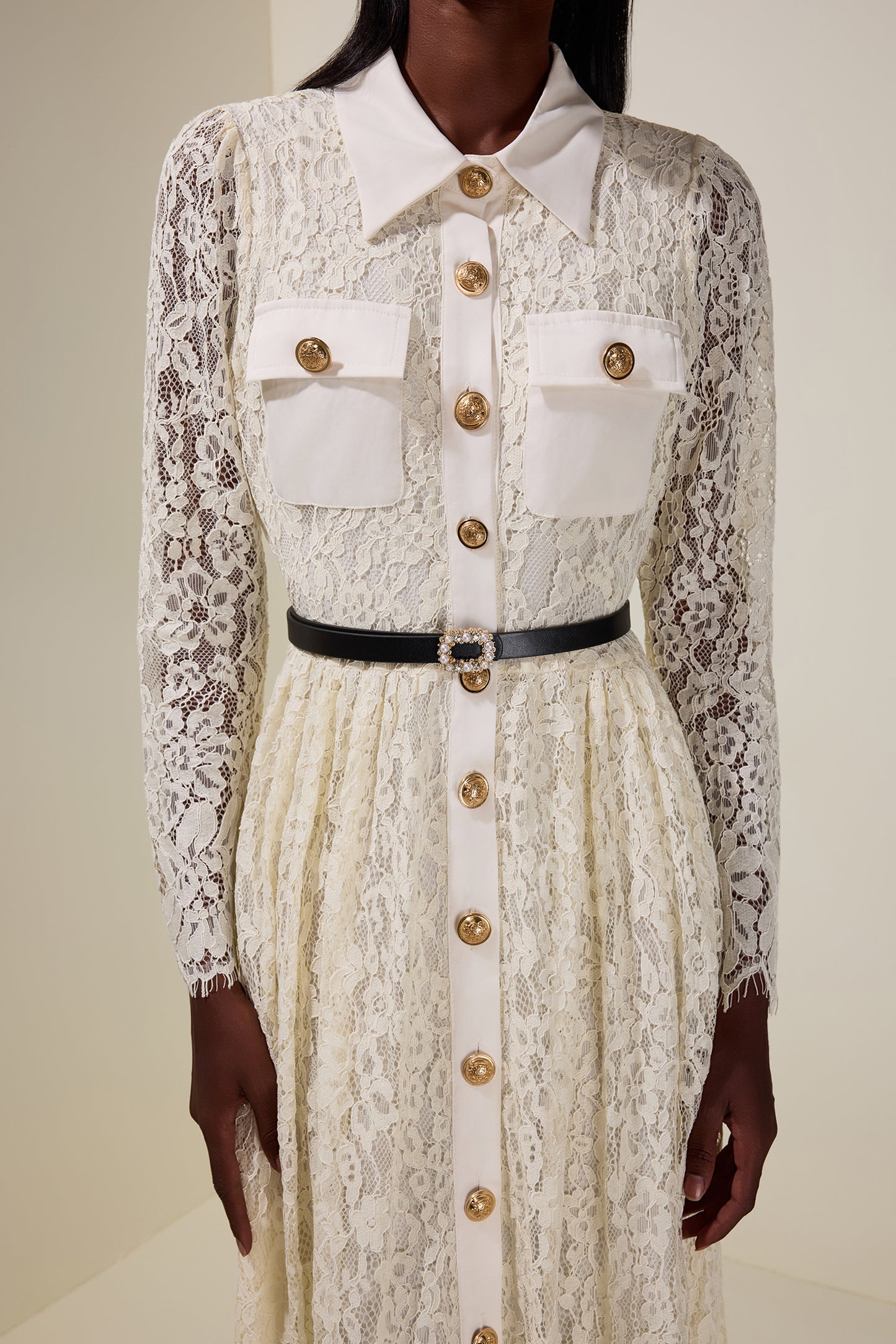 Lace Single Breasted Long Sleeve Midi Dress With Belt