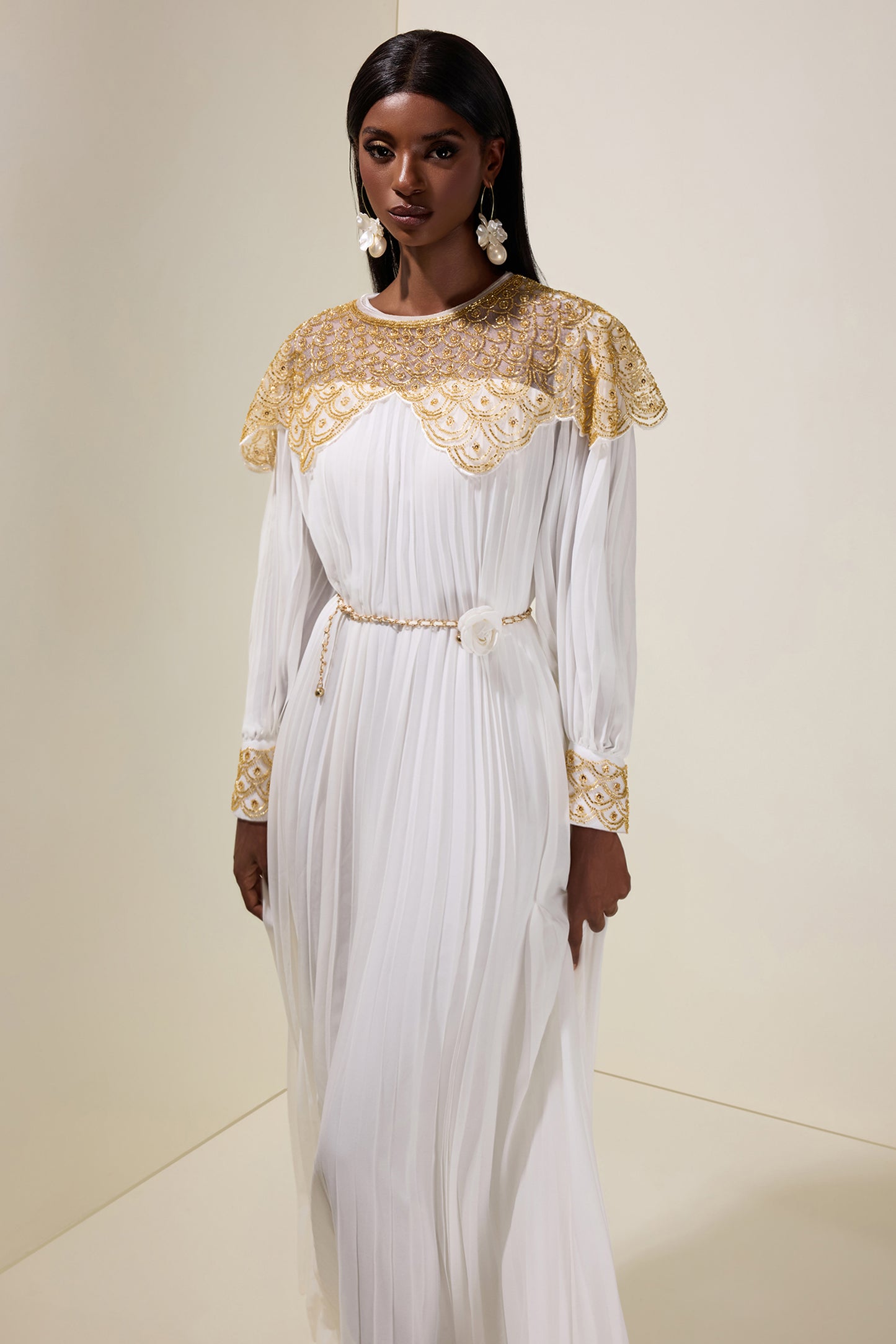 Sequin Splicing Chiffon Round Neck Maxi Dress With Belt