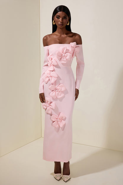 Solid 3D Flower Off-Shoulder Midi Dress
