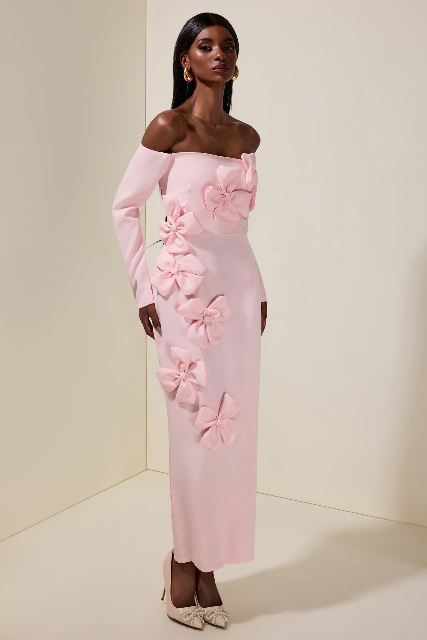 Solid 3D Flower Off-Shoulder Midi Dress