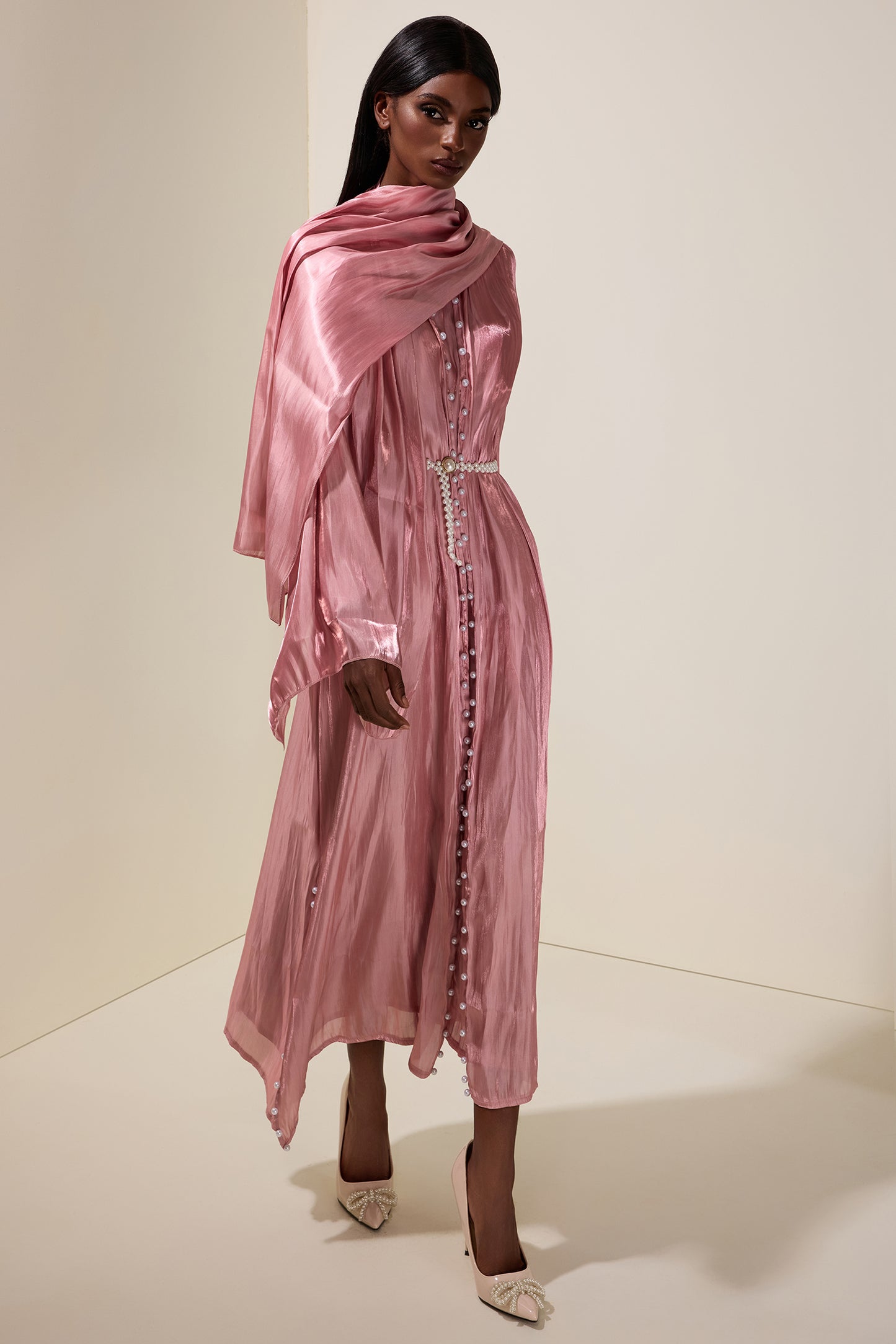 Faux Pearl Puff Sleeve Midi Dress With Cardigan