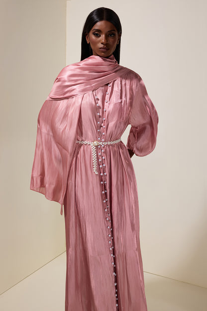 Faux Pearl Puff Sleeve Midi Dress With Cardigan