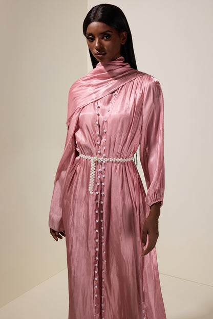 Faux Pearl Puff Sleeve Midi Dress With Cardigan