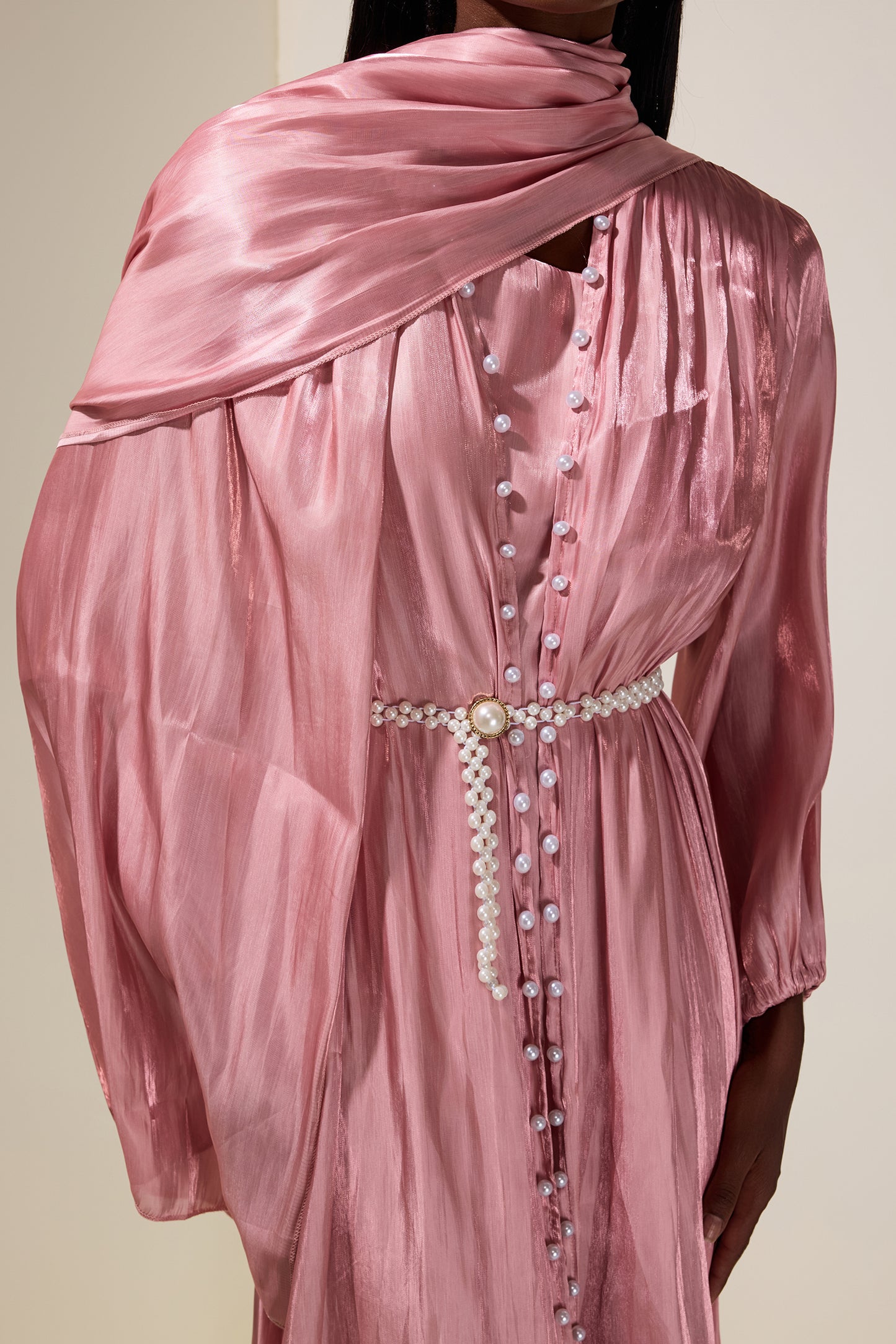 Faux Pearl Puff Sleeve Midi Dress With Cardigan