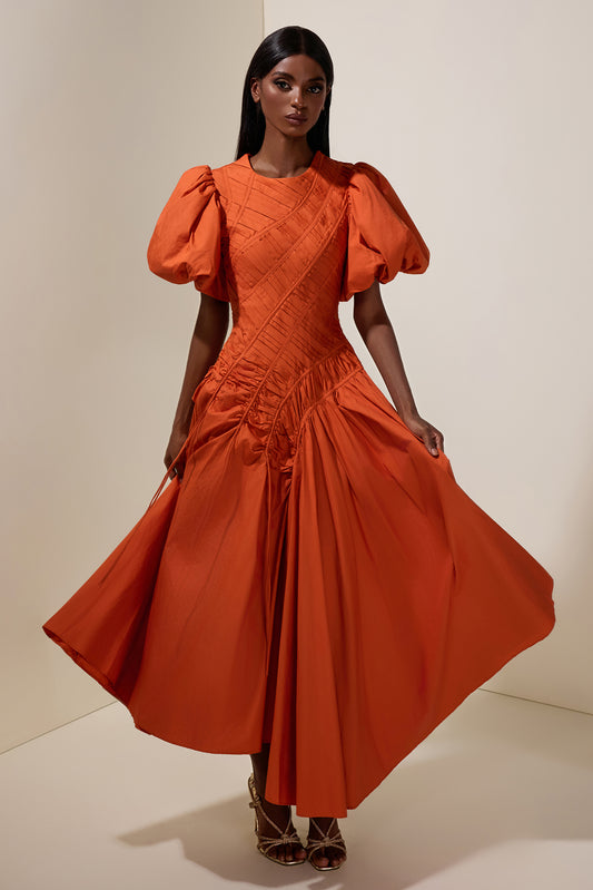 Shirring Round Neck Puff Sleeve Midi Dress