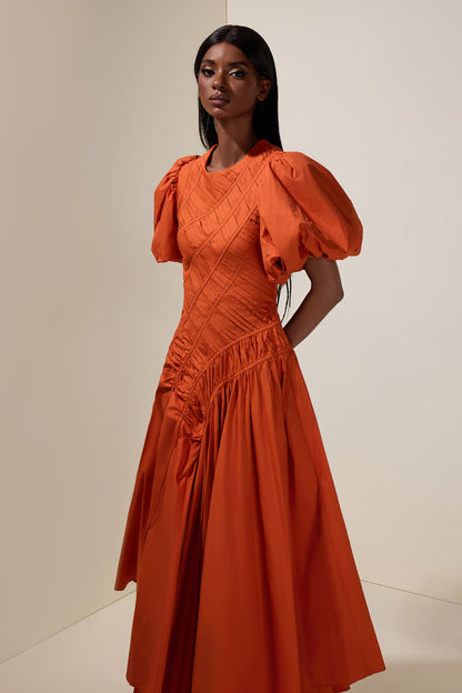 Shirring Round Neck Puff Sleeve Midi Dress