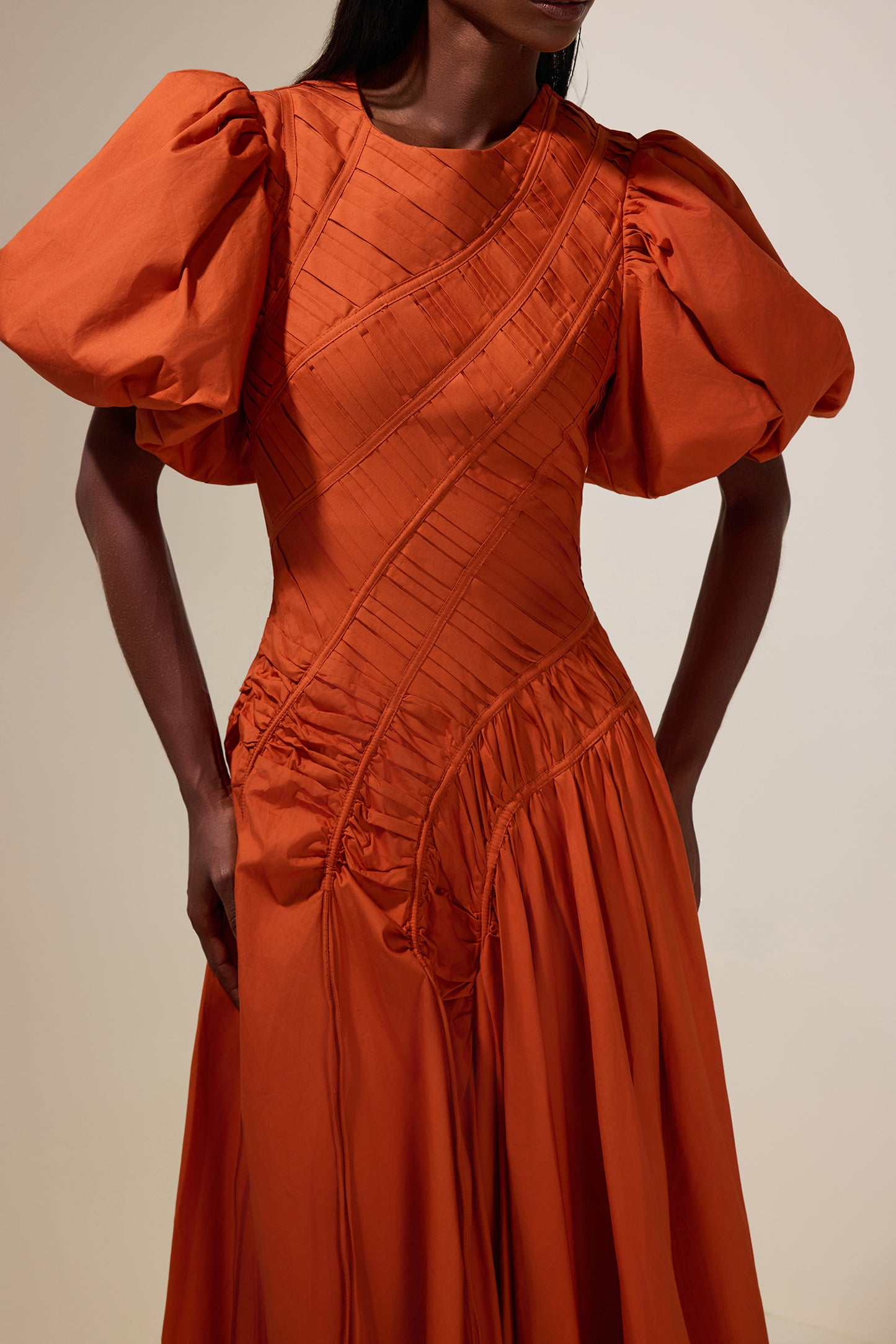 Shirring Round Neck Puff Sleeve Midi Dress