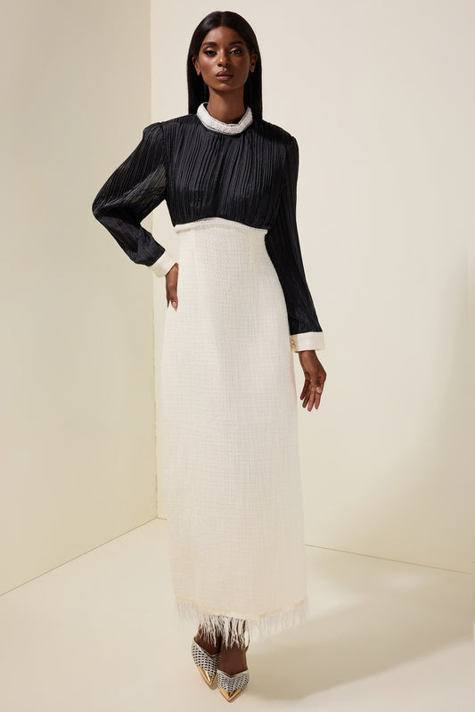 Tweed Contrast Color Rhinestone Feather Midi Dress