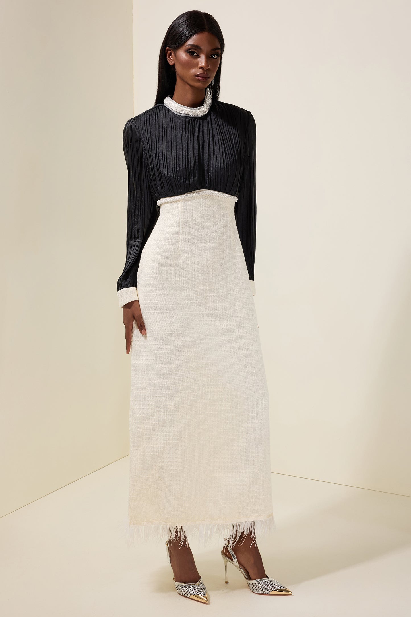 Tweed Contrast Color Rhinestone Feather Midi Dress