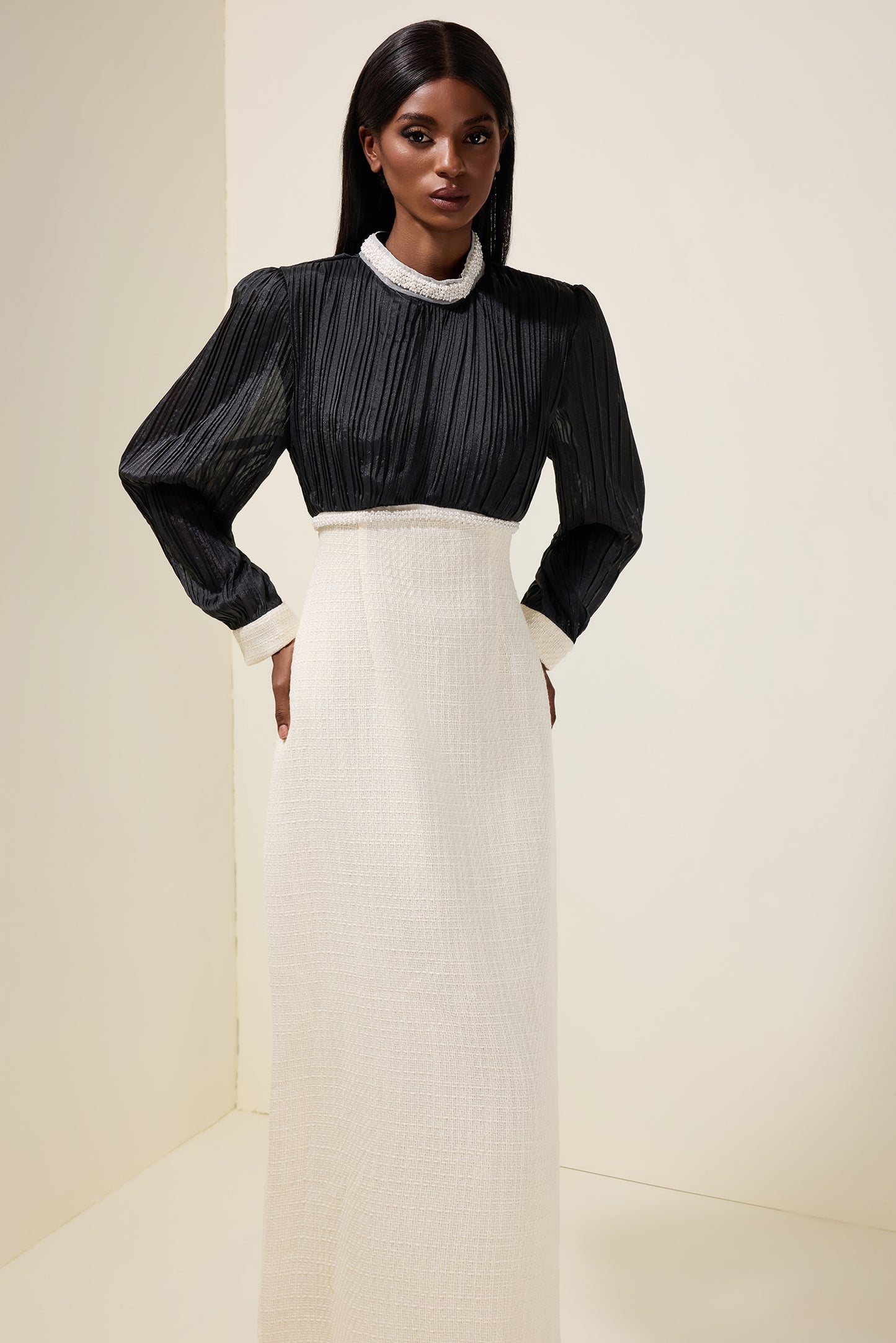 Tweed Contrast Color Rhinestone Feather Midi Dress