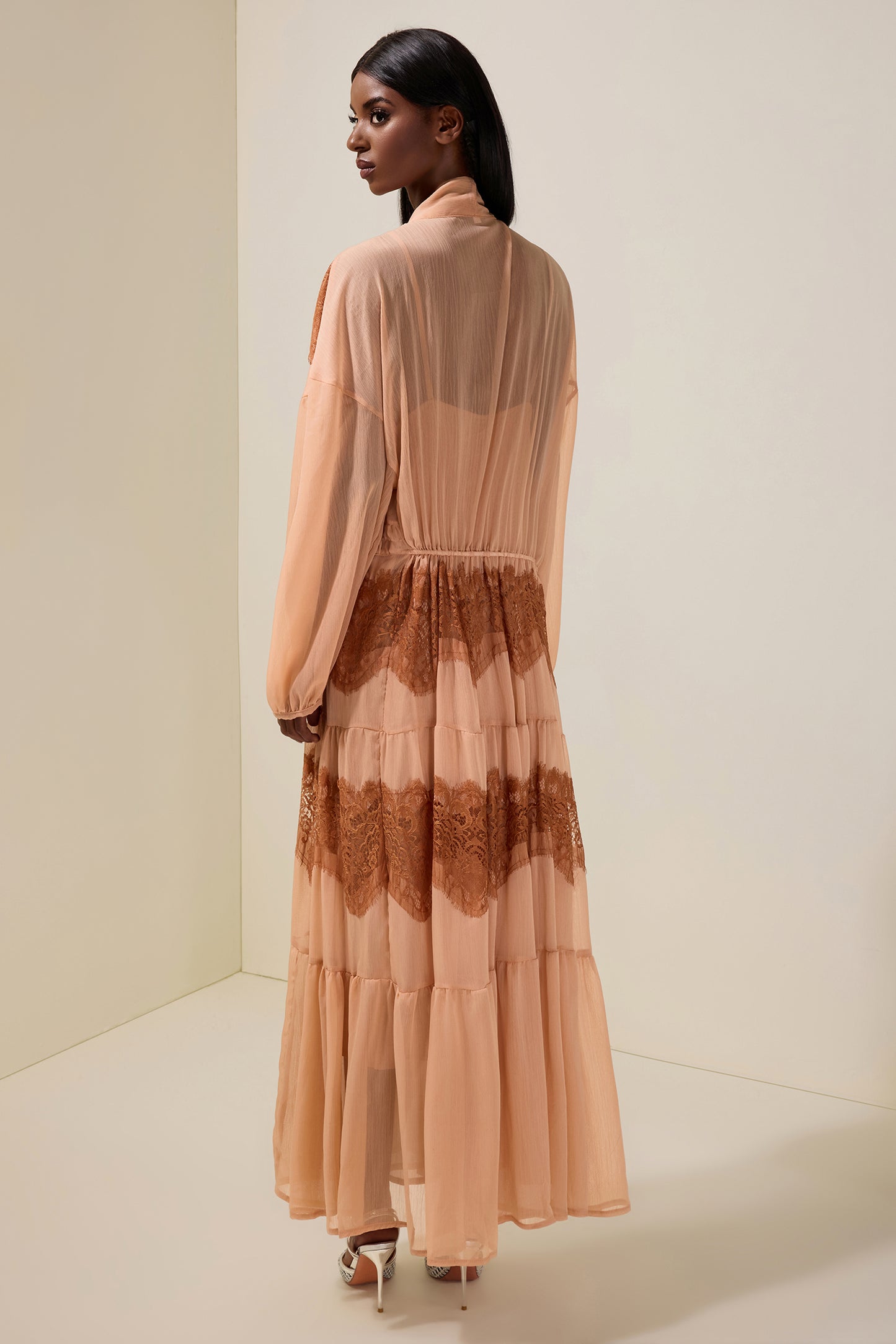 Chiffon Splicing Lace Tie-Up Long Sleeve Midi Dress