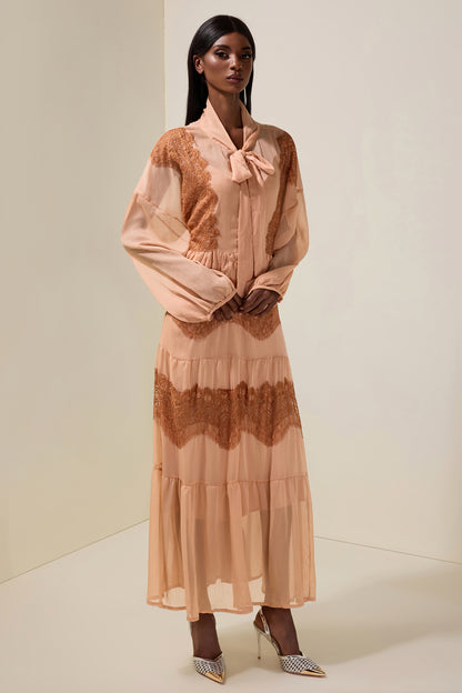 Chiffon Splicing Lace Tie-Up Long Sleeve Midi Dress