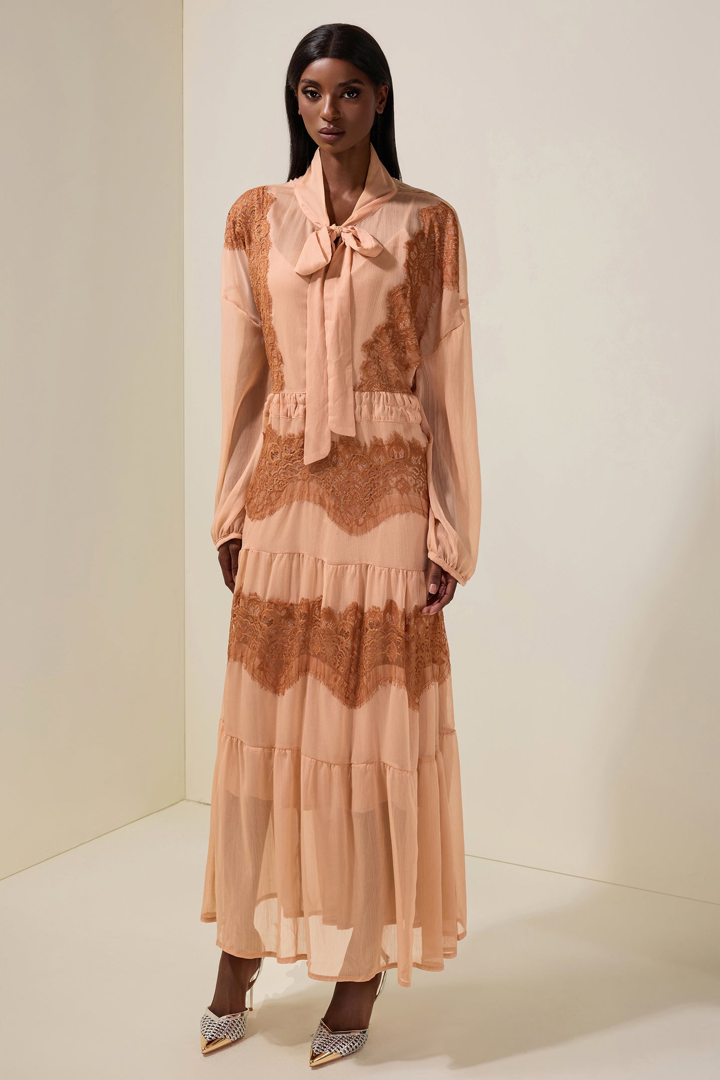 Chiffon Splicing Lace Tie-Up Long Sleeve Midi Dress