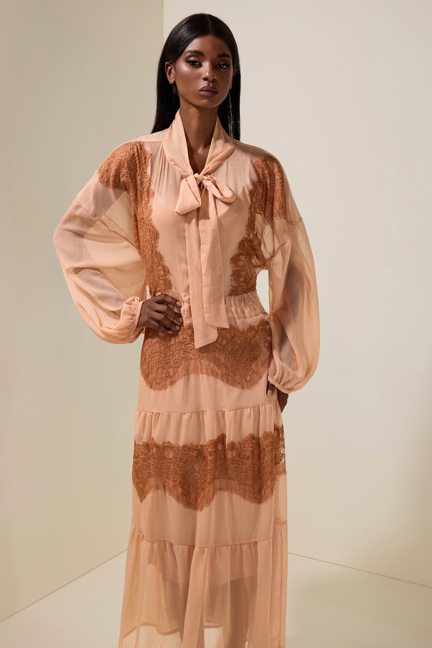 Chiffon Splicing Lace Tie-Up Long Sleeve Midi Dress