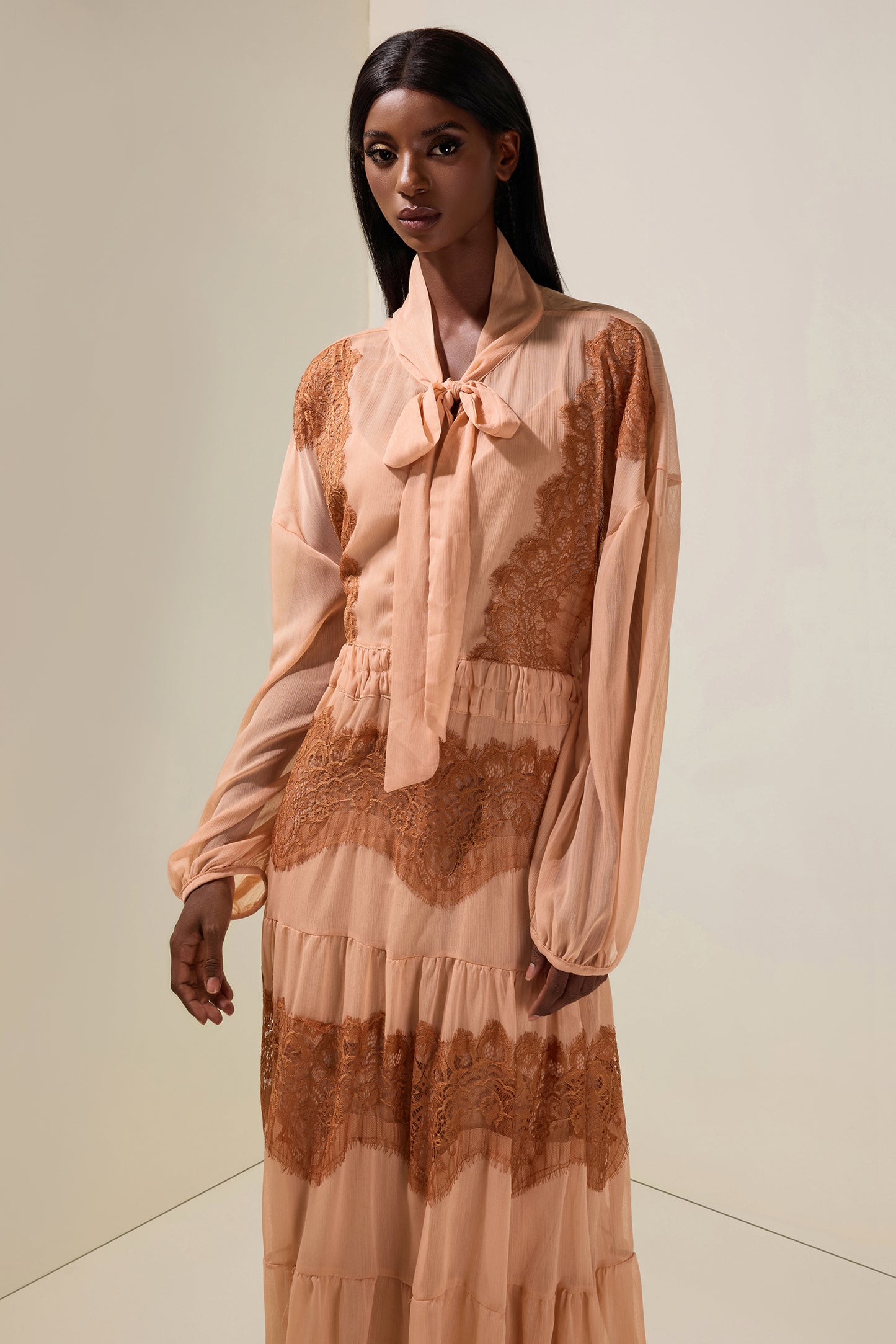 Chiffon Splicing Lace Tie-Up Long Sleeve Midi Dress