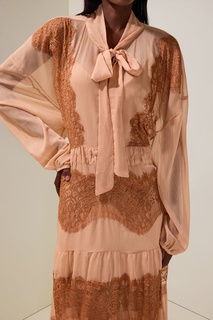 Chiffon Splicing Lace Tie-Up Long Sleeve Midi Dress