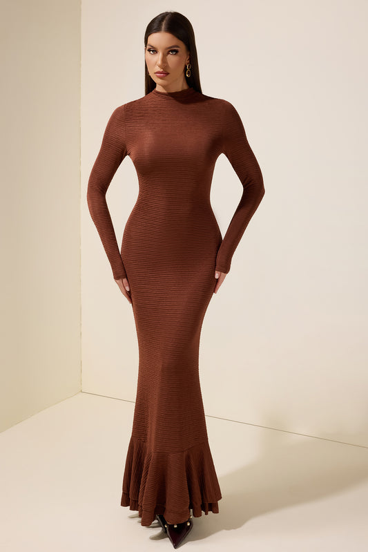 Crumpled Ruffle Long Sleeve Maxi Dress