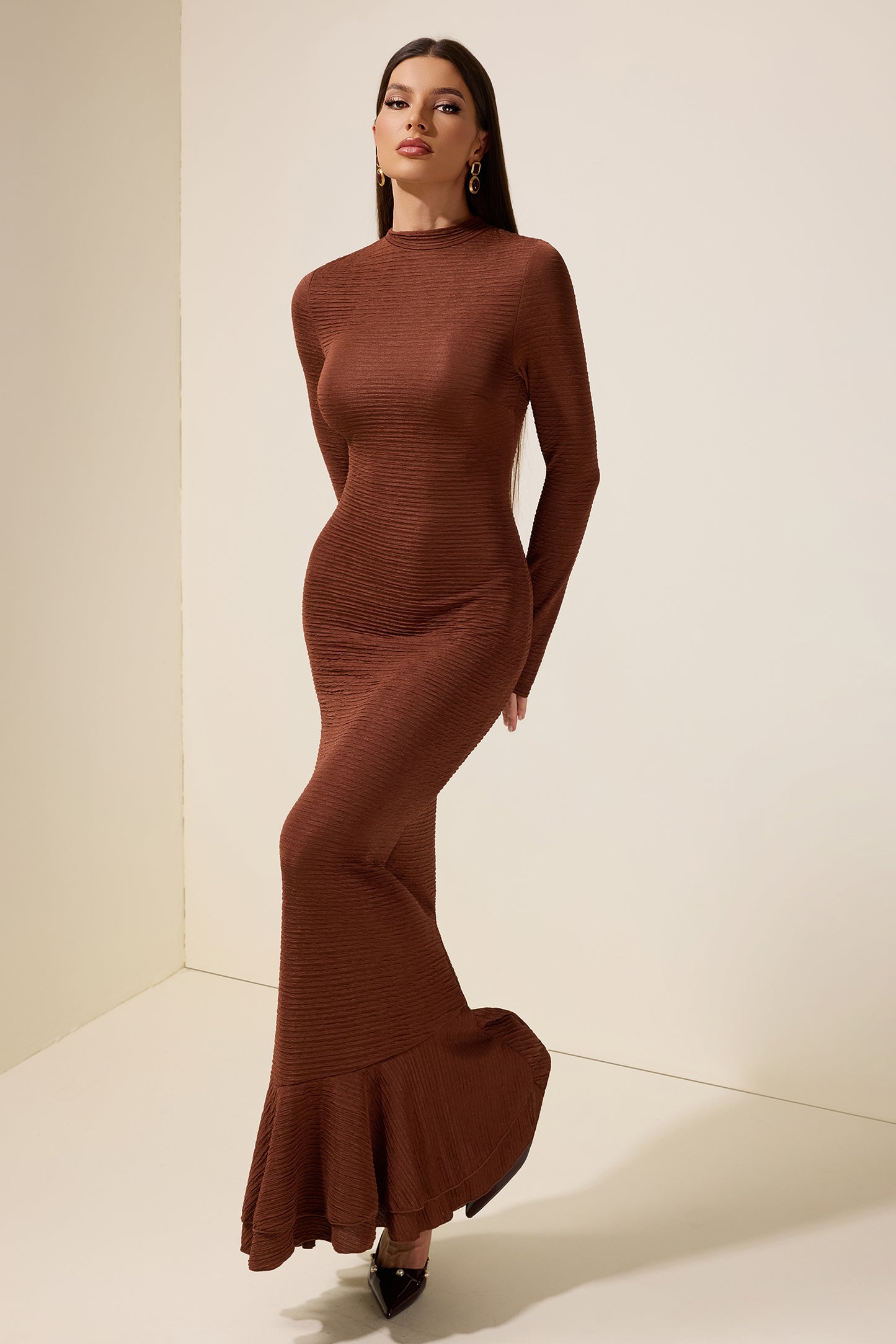 Crumpled Ruffle Long Sleeve Maxi Dress