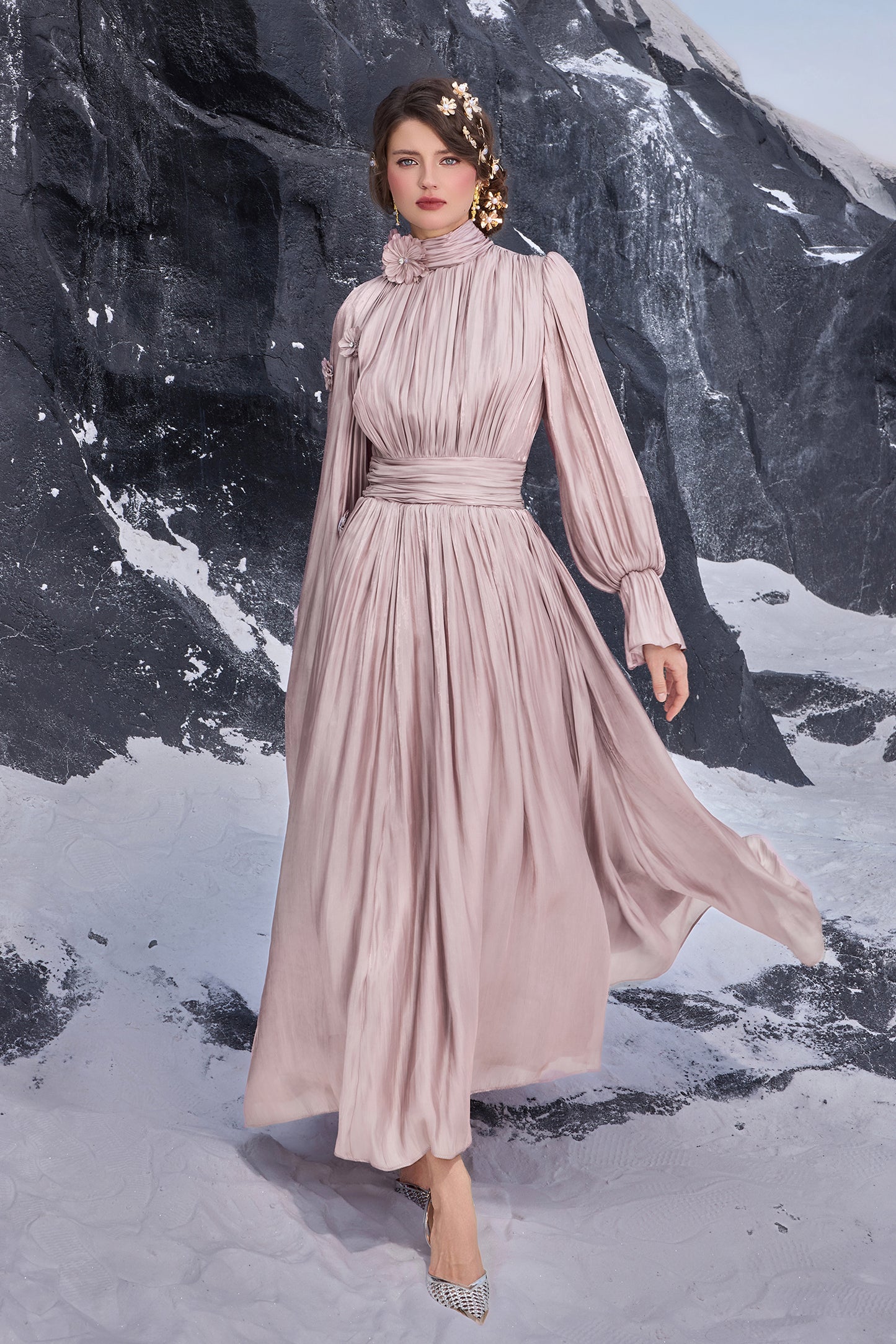 3D Flower Gathering Cape Maxi Dress