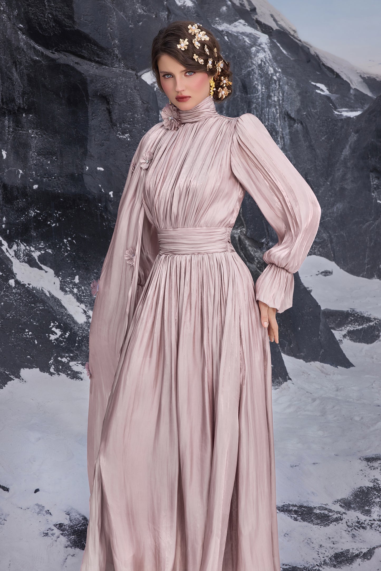 3D Flower Gathering Cape Maxi Dress