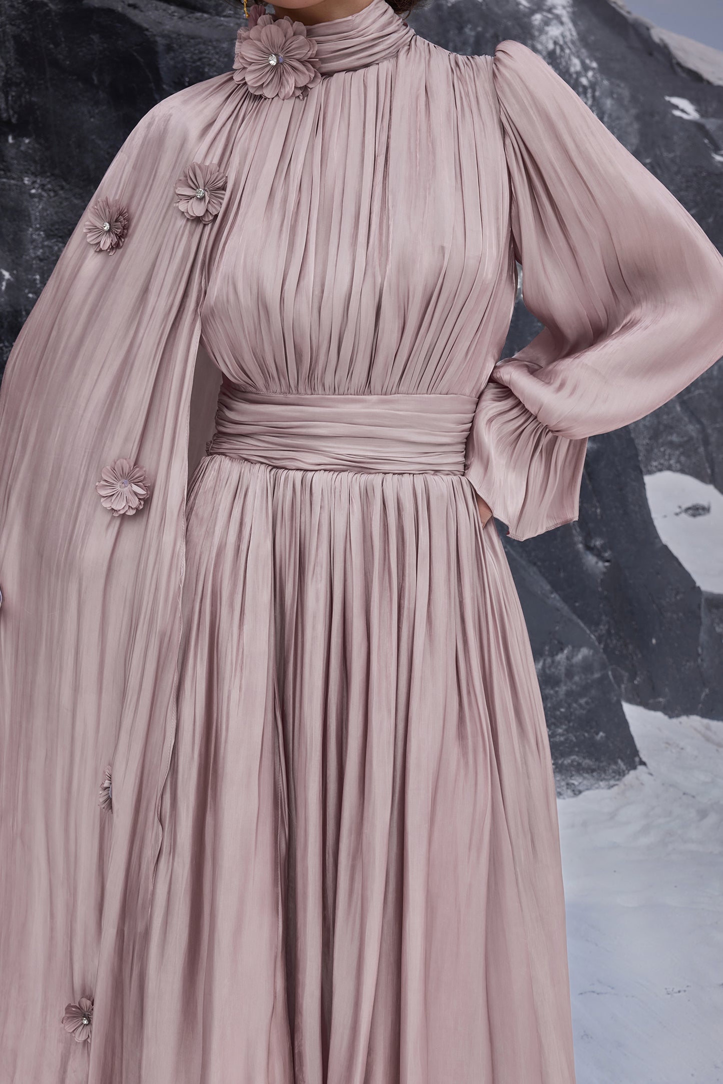 3D Flower Gathering Cape Maxi Dress