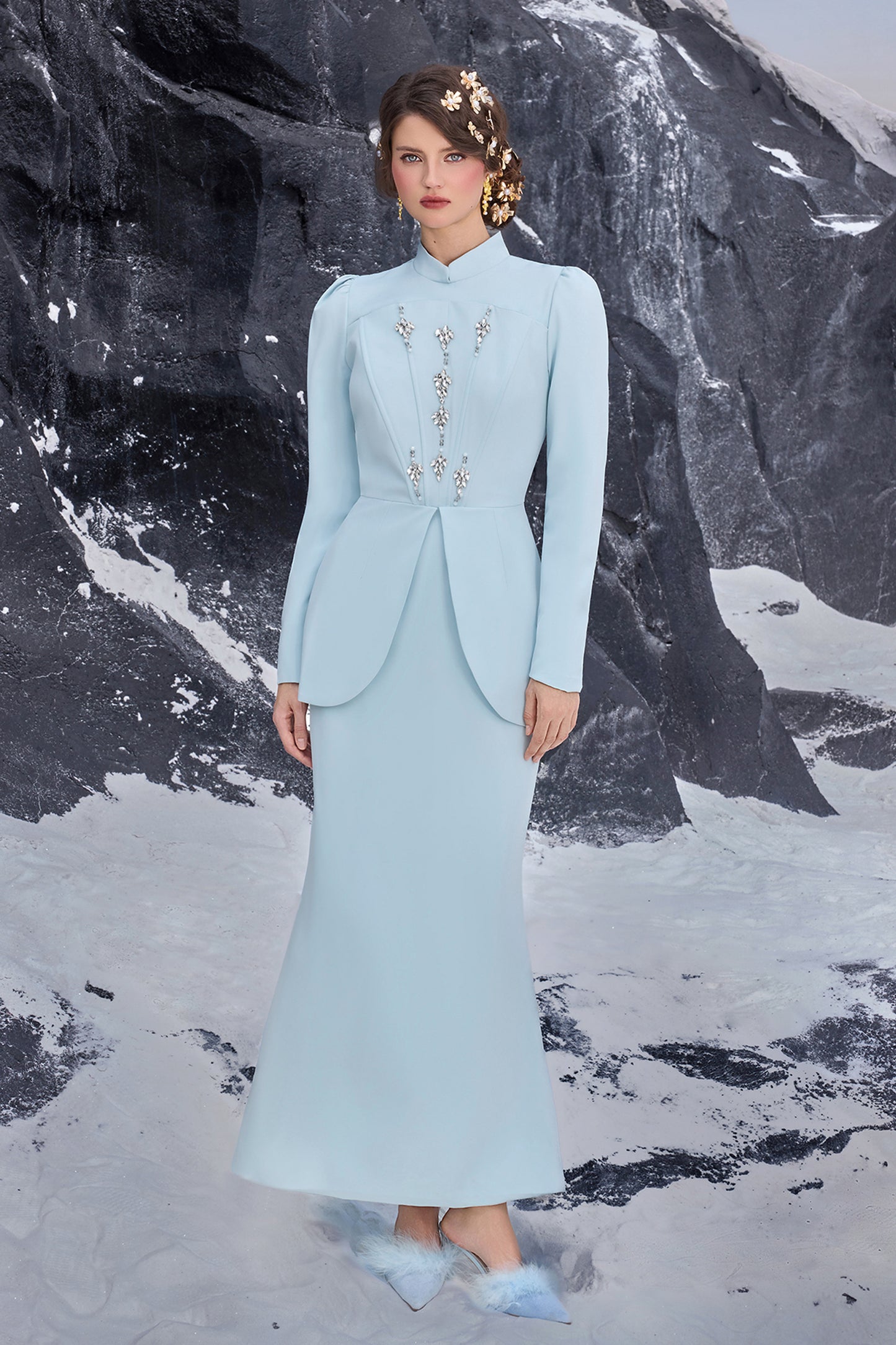 Solid Stand Collar Rhinestone Maxi Dress