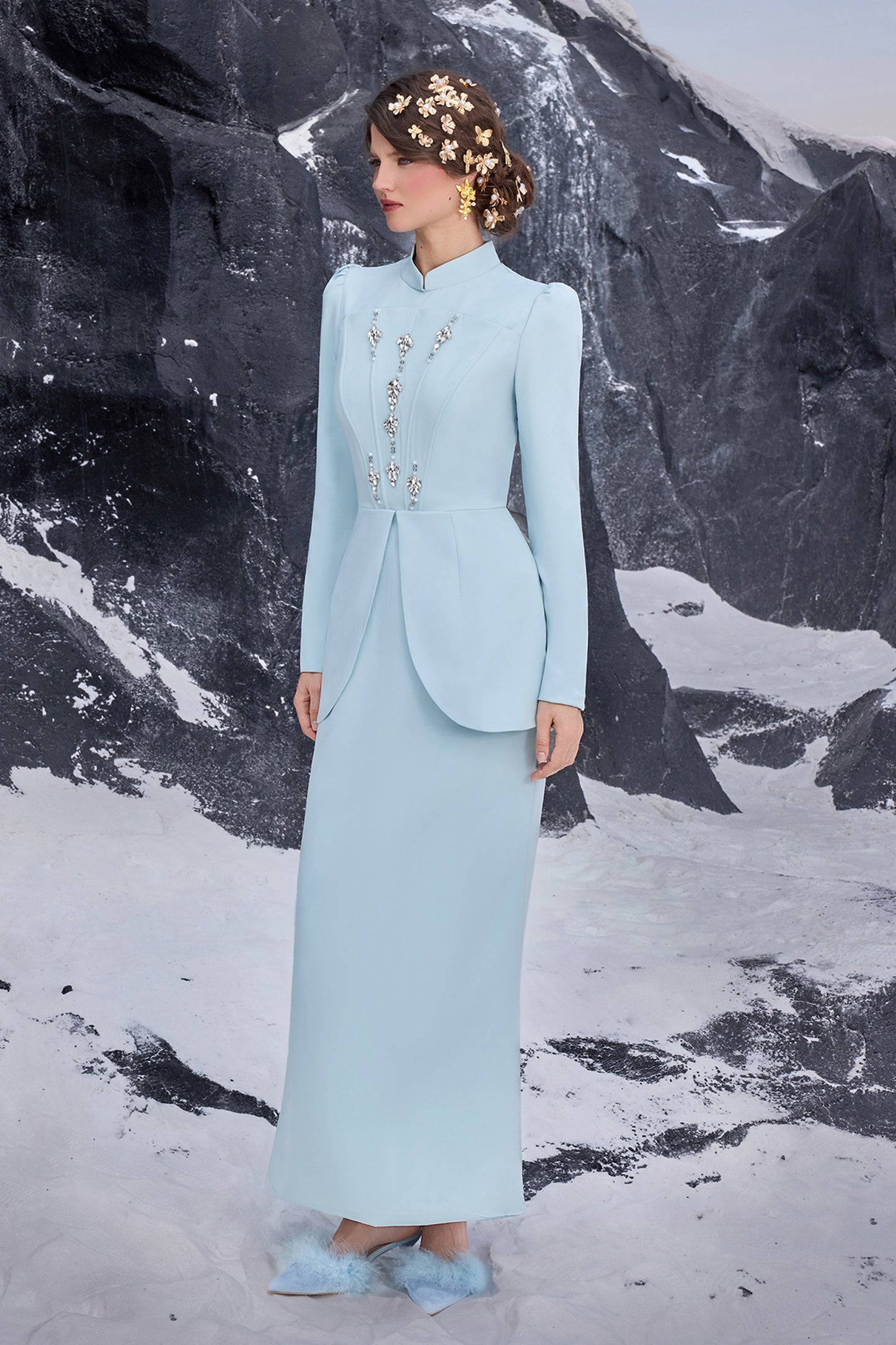 Solid Stand Collar Rhinestone Maxi Dress