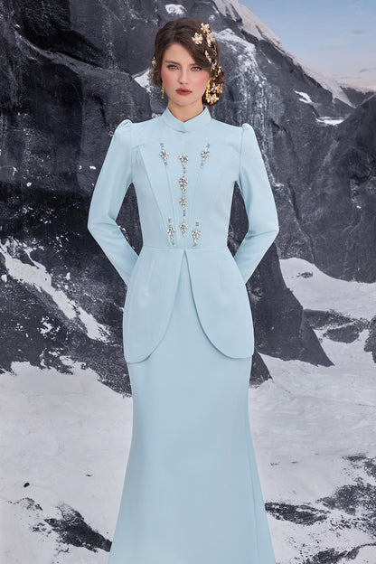 Solid Stand Collar Rhinestone Maxi Dress