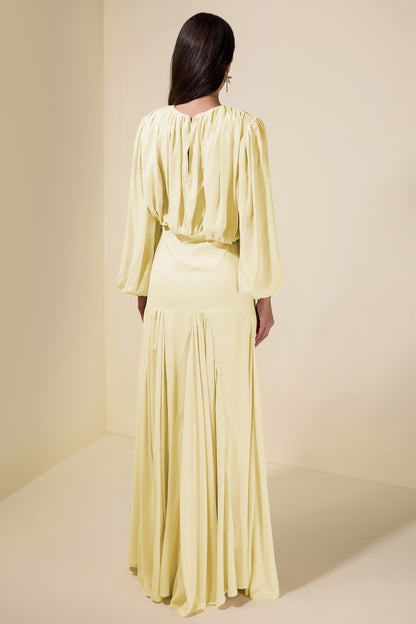 Gathering Round Neck Lantern Sleeve Maxi Dress