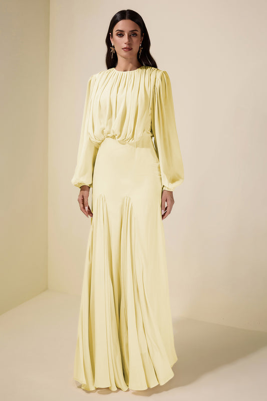 Gathering Round Neck Lantern Sleeve Maxi Dress