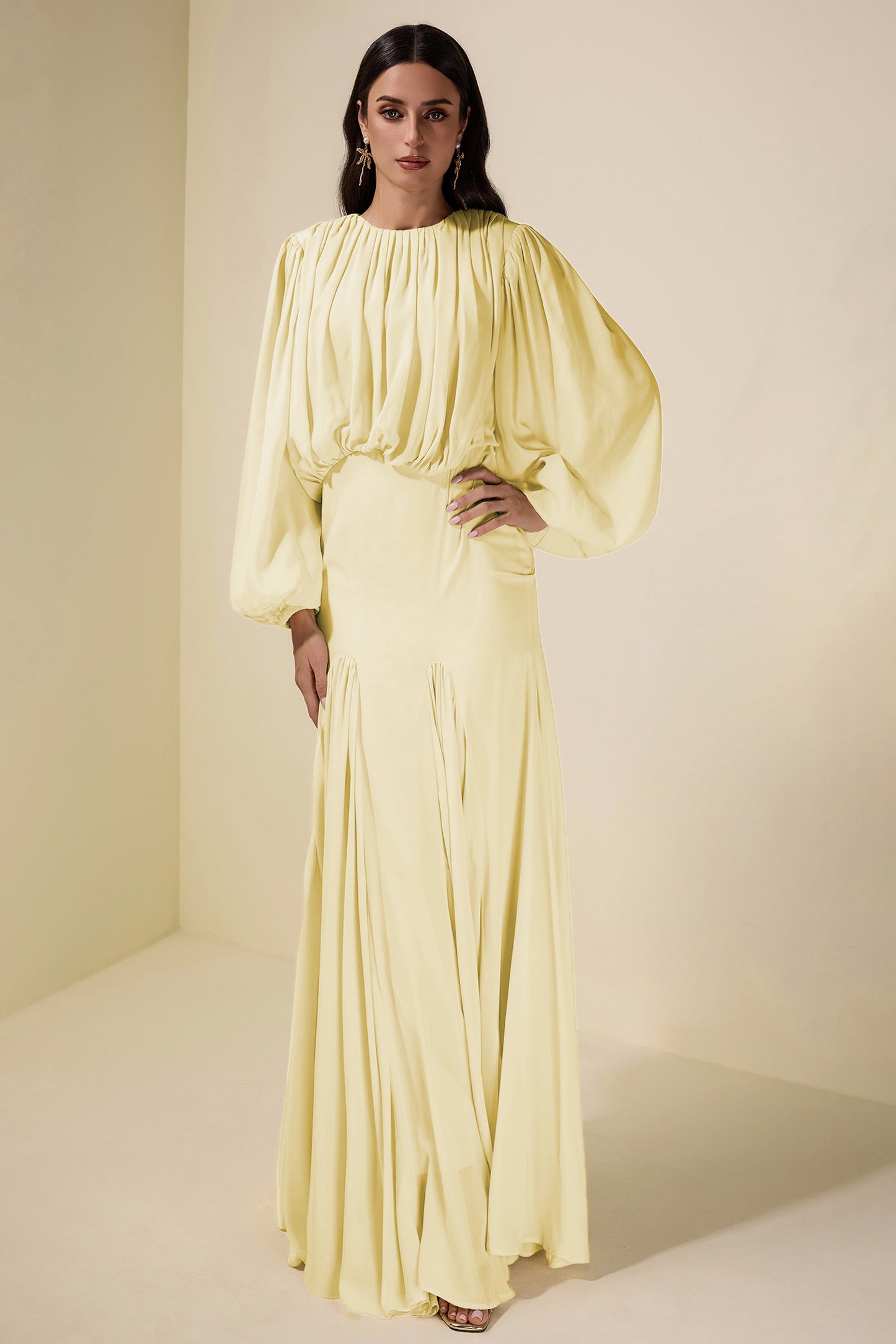 Gathering Round Neck Lantern Sleeve Maxi Dress