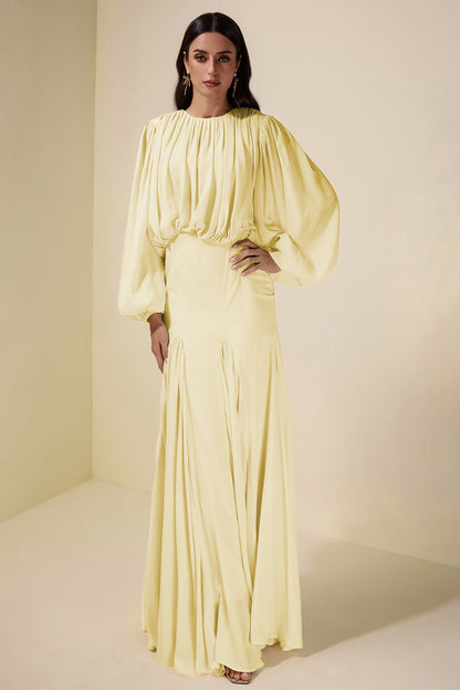 Gathering Round Neck Lantern Sleeve Maxi Dress