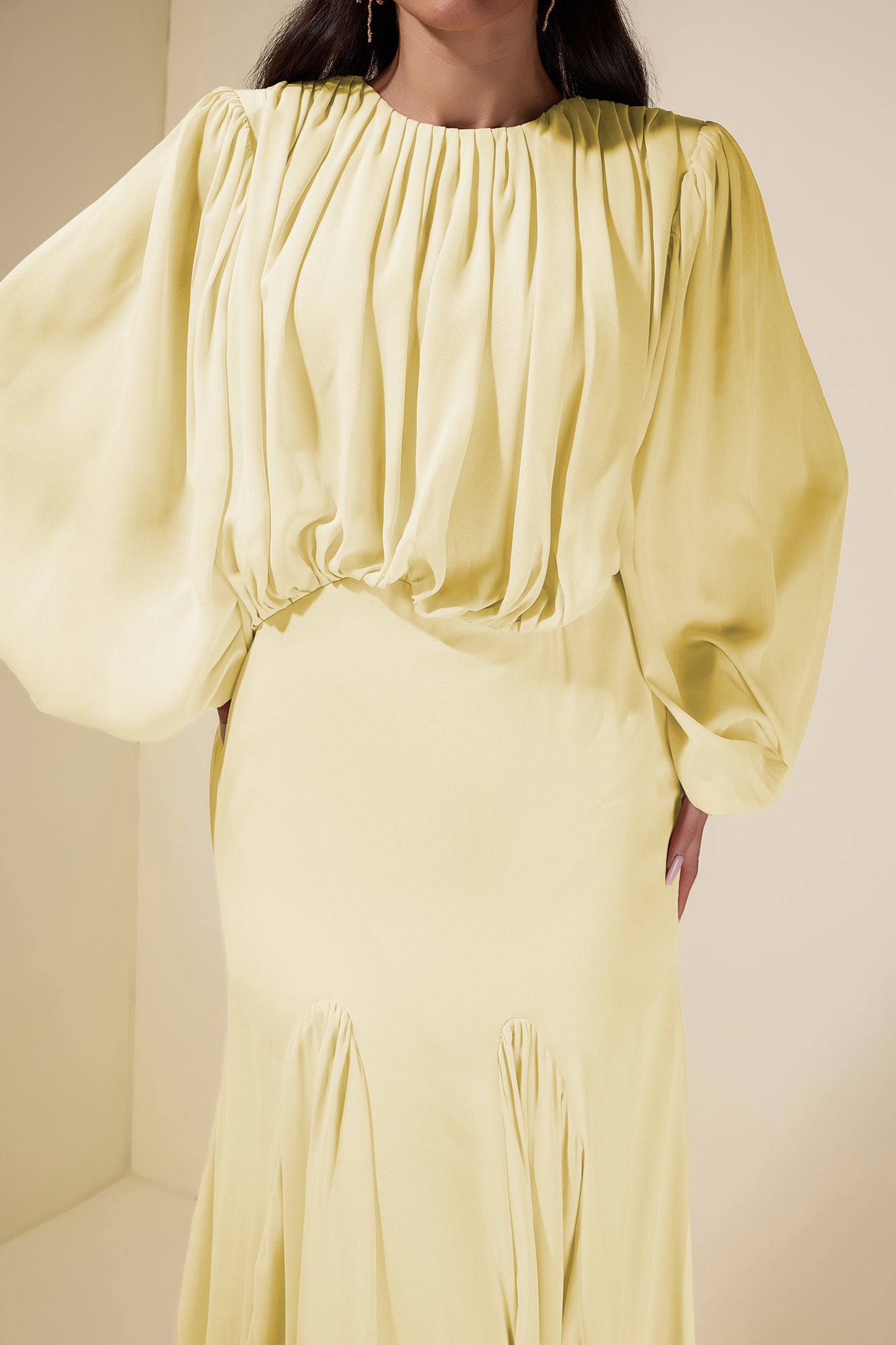 Gathering Round Neck Lantern Sleeve Maxi Dress