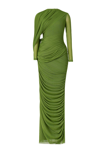 Mesh Gathering Long Sleeve Maxi Dress