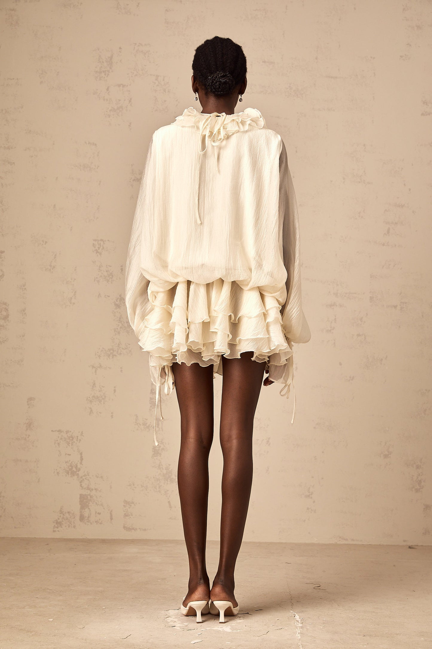 Zéphyrine floral-appliqué tiered mini dress in Neutrals