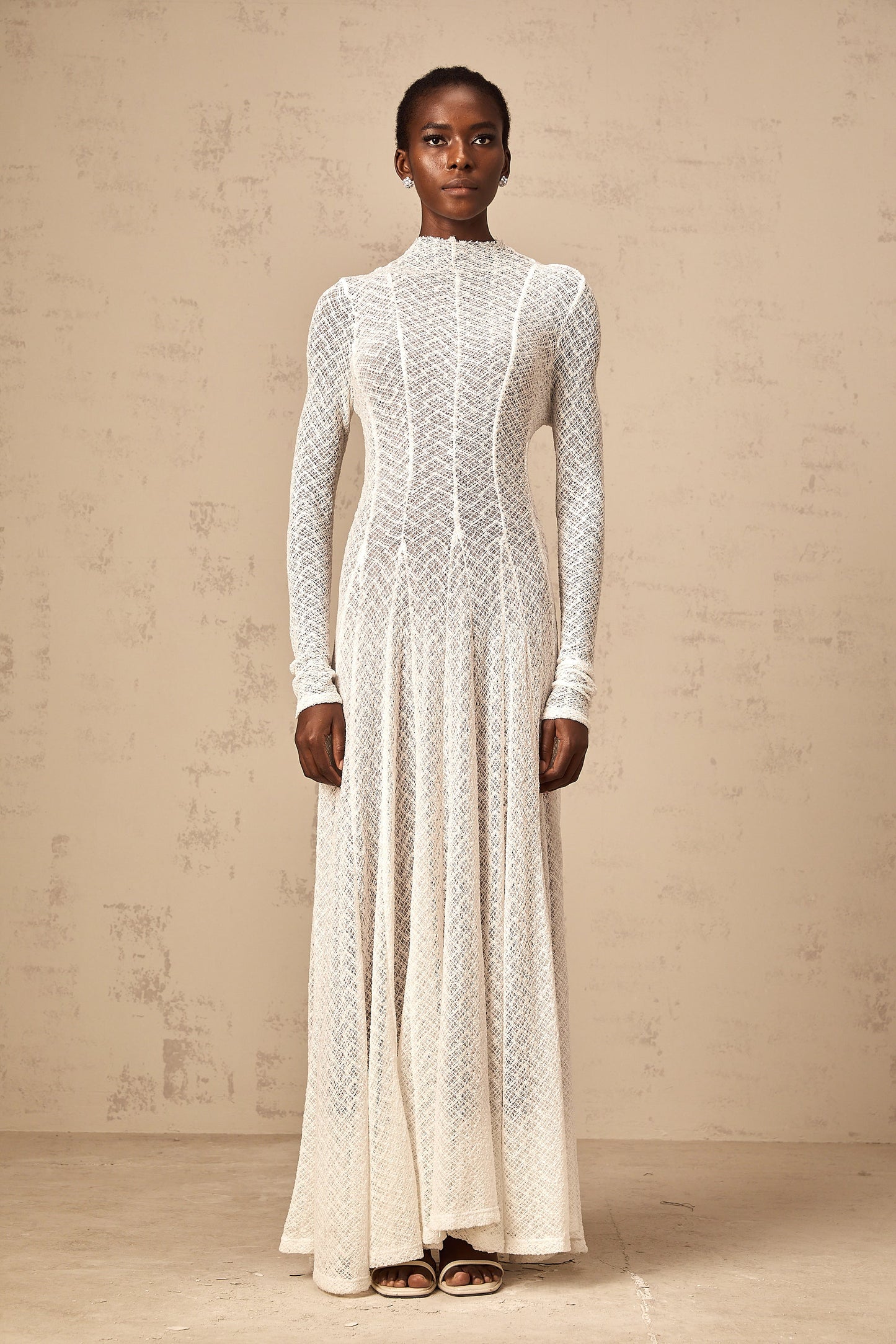 Athena wavy-pattern lace maxi dress in White