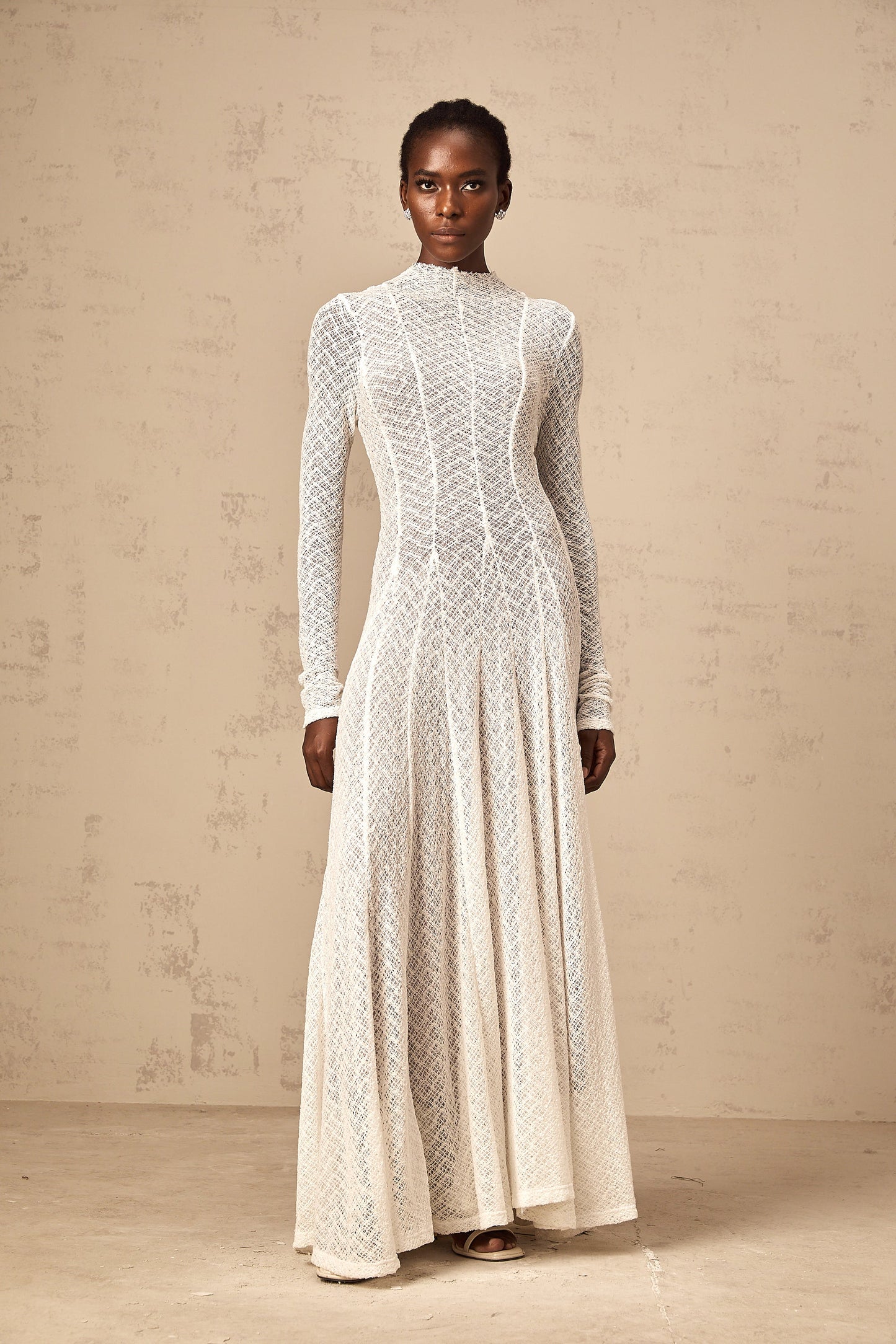 Athena wavy-pattern lace maxi dress in White